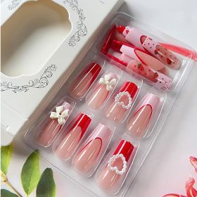 24 PCS Strawberry Bow Nail Art, Long Length Long Water Pipe Fake Nails,Square Head Nail Tips False Nail (Option: 24pcs)